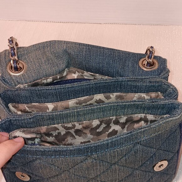 Vintage Y2K GUESS quilted Denim Shoulder Bag double chain handle flap front - Picture 4 of 7
